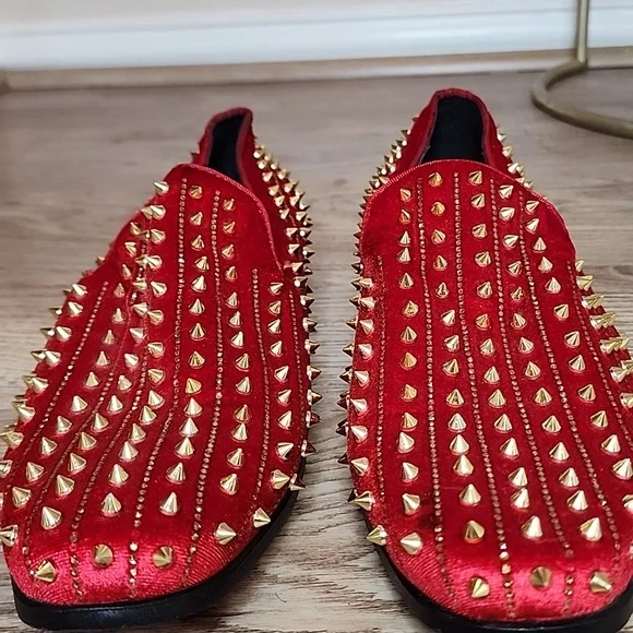 After Midnight Mens Harvie AM Exclusive Smoker Red Velvet Gold Spike Studs Shoes - Picture 3 of 11